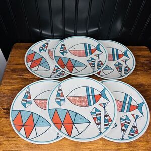 6 HD Designs Outdoor Plastic Fish 9" Plates White Coral Turquoise MCM Style